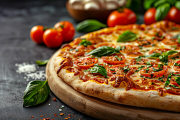 A pizza with tomatoes and basil on top of a wooden board. The pizza is placed on a counter next to a bowl of mushrooms