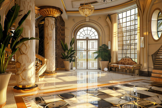 Art deco lobby, hotel loby, house enterance, luxury interior