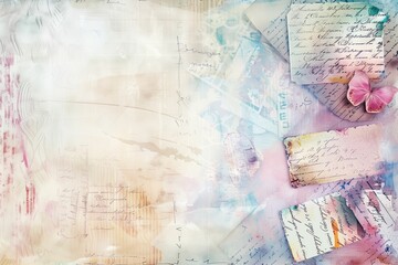 Abstract Vintage Letters and Notes Collage with Pink Butterfly, Soft Pastel Background