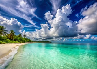 Fototapeta premium Serene tropical beach panorama with soft sandy shore, crystal clear turquoise water, and majestic cloudy sky, perfect for summer vacation and relaxation getaway.