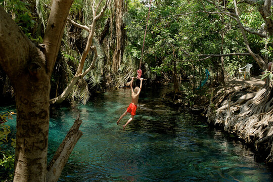 A person swinging on a rope over a serene tropical cenote surrounded by lush greenery.