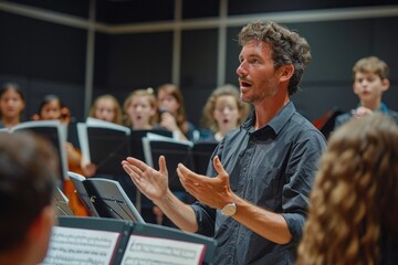 A music teacher conducting a choir rehearsal. The teacher is standing in front of a group of students, directing them with hand movements while they sing from sheet music. The room has musical