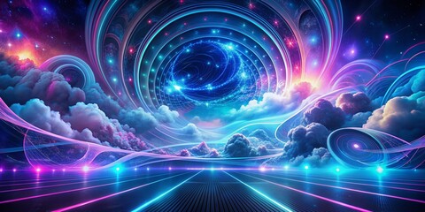 Vibrant futuristic 3D abstract web banner background render featuring swirling nebula clouds, neon lights, and intricate geometric patterns in shades of blue, purple, and silver.