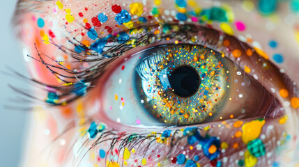 Fototapeta premium Colorful dots dance in a close-up of an eye. The hand-drawn illustration is on a clear background.