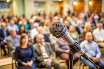 Town hall meeting scene with microphone in foreground, blurred audience, and panel of speakers in background, awaiting candidate answers to pressing community questions. © Four888