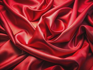 Obraz premium Vibrant red silk fabric softly folds and drapes, showcasing its luxurious texture and subtle sheen in a highly detailed, intimate, and beautifully lit close-up composition.