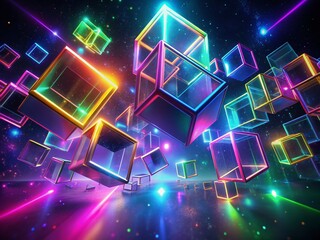 Vibrant 3D neon squares float in dark space, pulsing with iridescent colors, their geometric forms glowing like celestial bodies against inky blackness.