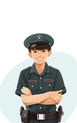 of a smiling young police officer in uniform, arms crossed, isolated on light background.
