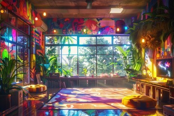 Naklejka premium A colorful room with a lot of plants and a TV