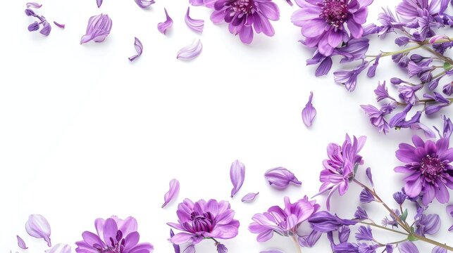 Purple flower frame on white background top view - Powered by Adobe