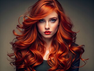 Obraz premium Vibrant red hair cascades down an elegant, faceless portrait, capturing the beauty and essence of a striking, youthful woman with flowing, luscious locks.