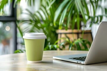 Mockup of a blank coffee cup on a trendy café table with a laptop and indoor plants