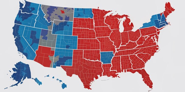 Colorful electoral map of the United States displays voting results with red and blue states, highlighting battleground regions and party strongholds after election day.