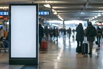 Mockup of a blank digital billboard in a bustling airport terminal with travelers and luggage in the background