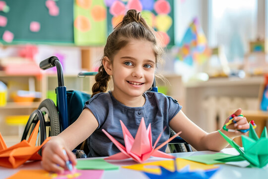 A child in a wheelchair is happily doing an art project, creating colorful origami in a lively classroom. The scene promotes diversity and inclusivity