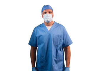 Portrait of a physiotherapist in light blue gown looking at camera in studio.