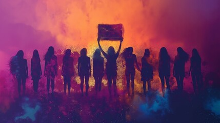 Silhouetted women stand together against a vibrant backdrop, holding up a symbol of unity.