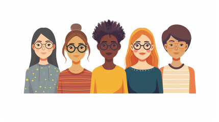 Illustration of diverse cartoon characters showcasing different styles, ages, and ethnicities in a lineup. Ideal for diversity and inclusion themes.