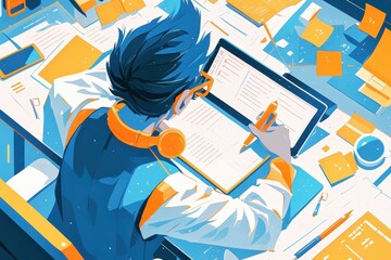 A focused man works at his desk, surrounded by papers and devices, demonstrating the demands of modern work.