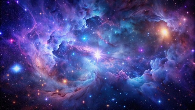 Vibrant purple and blue hues illuminate a stunning nebula, surrounded by countless twinkling stars, amidst a vast, inky blackness of infinite space.
