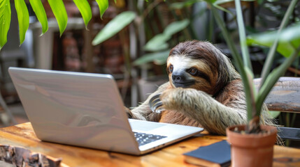 sloth working on a laptop, surrounded by plants in an outdoor setting. The scene depicts a blend of nature and technology, with the sloth appearing focused on its task.  Technology, Nature, Business