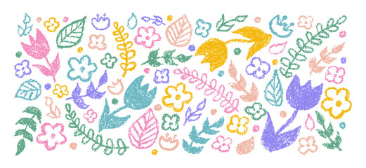 Set of hand drawn colorful charcoal pencil doodle flowers and plants in childish style. Vector botanical illustration