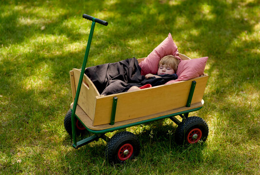 Child napping peacefully in a wooden wagon on a lush green lawn with pillows and a blanket.