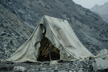 Canvas tent with wool patches stands in rugged terrain