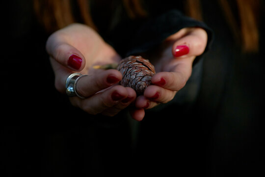 Hands with painted nails holding a pine cone against a dark background.
