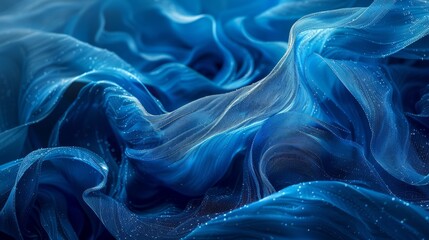 Abstract background. Blue and light blue wave fabric, shimmer and texture. Depth of field, blurriness, and volume.