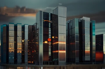 modern city skyline at evening, sleek buildings in urban city 