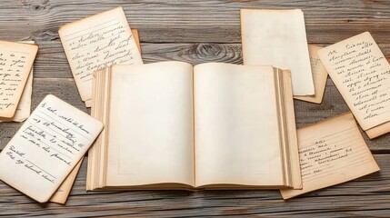 Obraz premium A blank, open book rests in the center of a flat surface covered in scattered papers