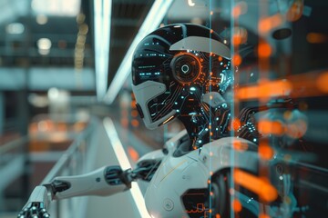 Fototapeta premium Futuristic Humanoid Robot in a Modern Living Space Representing Advanced AI Technology