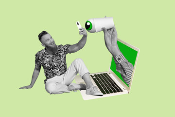 Composite collage image of man device social media spying eye watching control fantasy billboard...