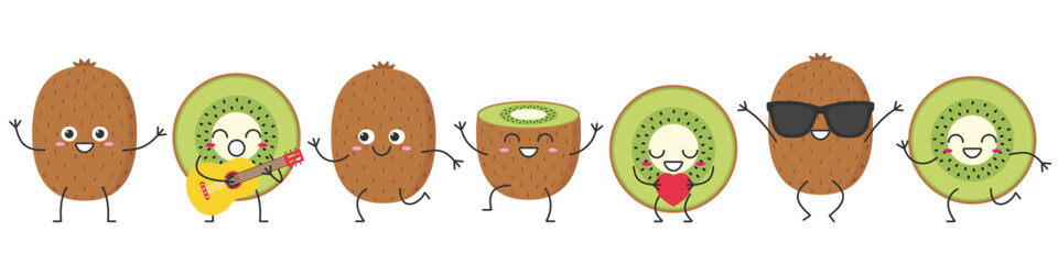 Set kiwi fruit character cartoon greeting jumping loves sings running cute funny smiling face happy joy emotions icon vector illustration.