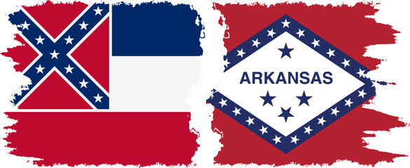 Arkansas and Mississippi states grunge brush flags connection, vector