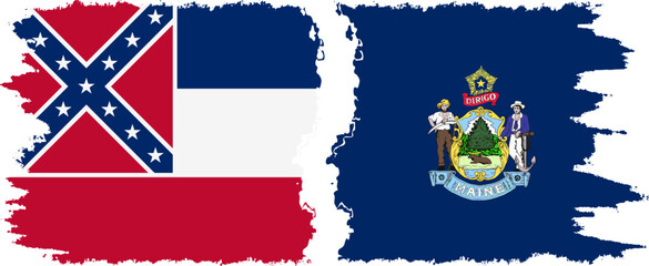 Maine and Mississippi states grunge brush flags connection, vector