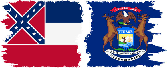 Michigan and Mississippi states grunge brush flags connection, vector
