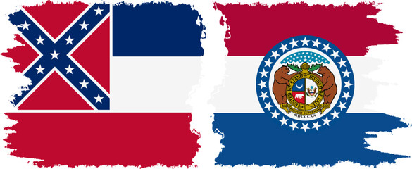 Missouri and Mississippi states grunge brush flags connection, vector