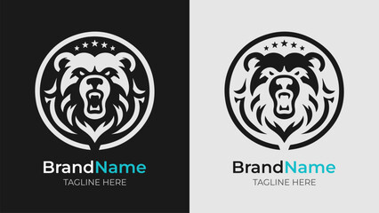 Monochrome Angry Bear Head Logo in Shield