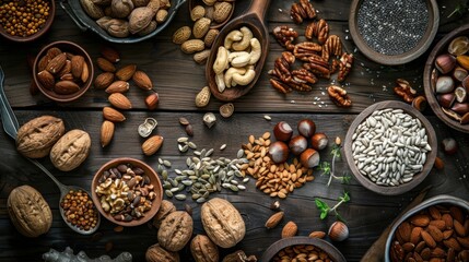 Fototapeta premium Nutritious Whole Foods Flat Lay with Assorted Nuts, Seeds, and Grains on Wooden Table