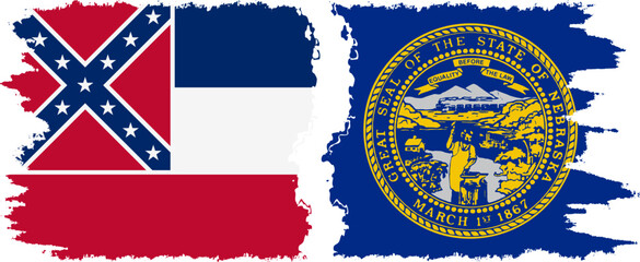 Fototapeta premium Nebraska and Mississippi states grunge brush flags connection, vector
