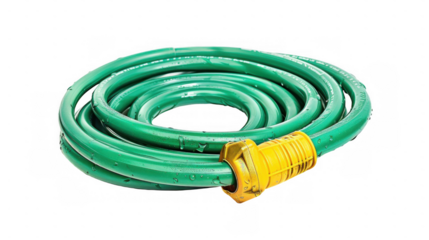 Coiled Green Garden Hose with Yellow Nozzle