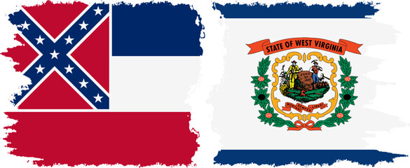 West Virginia and Mississippi states grunge brush flags connection, vector