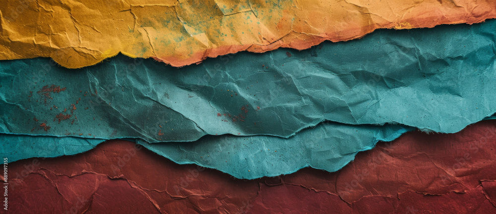 Poster textured, abstract background image created with multiple layers of colorful crumpled paper, useful 