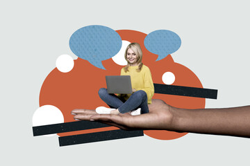 Collage 3d pop sketch image of arms holding small lady chatting instagram twitter telegram facebook isolated painting background