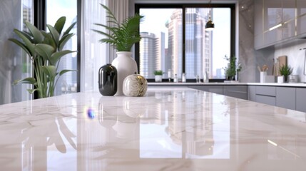 Modern kitchen countertop with marble surface and blurry background.