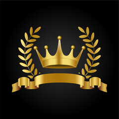 Realistic Golden Crown with Laurel Wreath and a Gold Ribbon for text