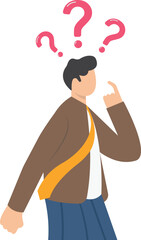 A young man who is wondering. Confused businessman. Choice, thinking, doubt, problem concept. Thinking girl with question mark. Question girl face. Business vector.

