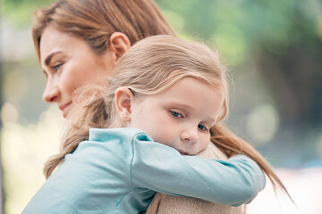 Mom, tired child or carry in park for support, rest or comfort after long day. Mother, daughter or hug in Australia for nap time, safety and relationship development in summer with affection and care